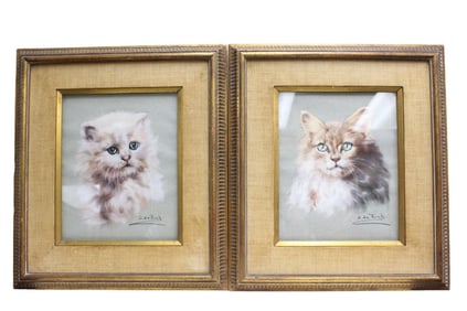 Two Signed Watercolor Paintings, Cats