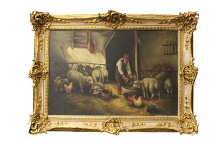 Feeding Sheep", Signed Oil on Canvas,"C. Chiler