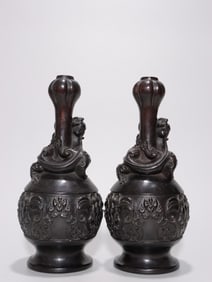 Pair of Chinese Zitan Wood Carved Vases