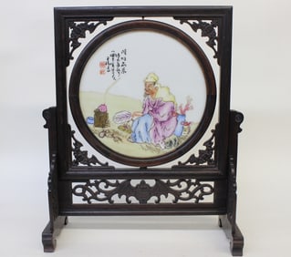 Chinese Famille Rose Porcelain Wood Table Screen