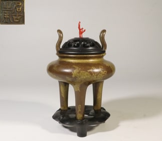 Late Qing Chinese Gilt Bronze Tripod IncenseBurner