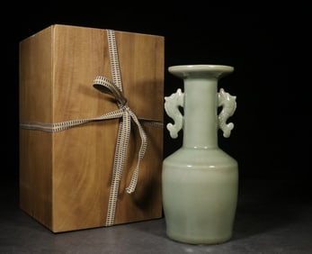 Chinese Longquan Celadon Vase w Double Fish Handle