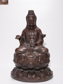 Chinese Bronze Guanyin Statue  w Silver Inlaid