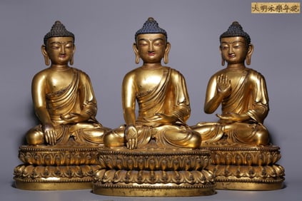 "Yong Le" Mark, Three Chinese Gilt Bronze Buddha