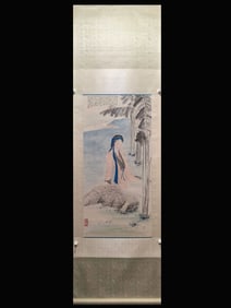 Chinese Ink Color Scroll Painting w Calligraphy