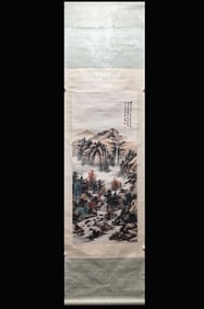 Chinese Ink Color Scroll Painting w Calligraphy