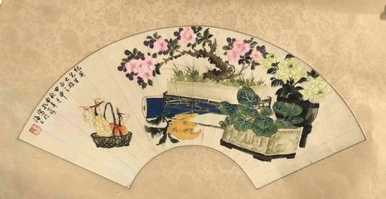 Chinese Ink Color Signed Fan Painting