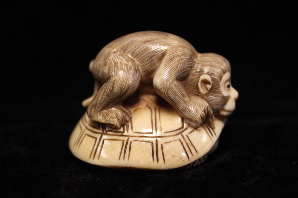Japanese Bone Carved Monkey and Turtle,Signed: Japanese Bone Carved Monkey and Turtle,Signed