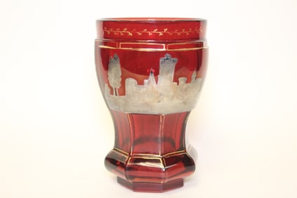 Silver Inlaid Ruby Red Glass Cup
