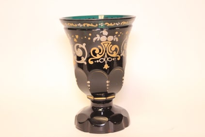 Vintage Enamel on Dark Blue Glass Cup