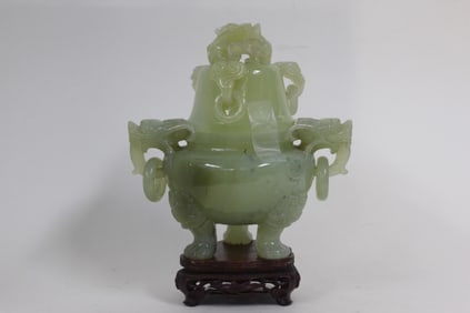 Chinese Hand Carved Jade Footed Incense Burner