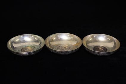 Lot of 3 Persian Hand Trace Silver Dish w Coins