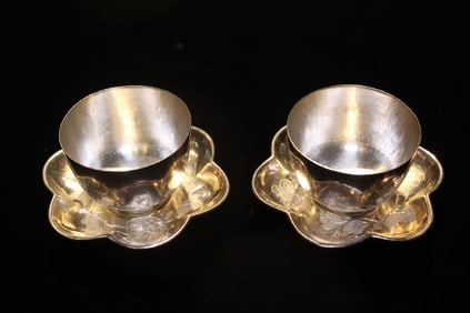 Two Vintage Chinese Engraved Silver Cup and Saucer