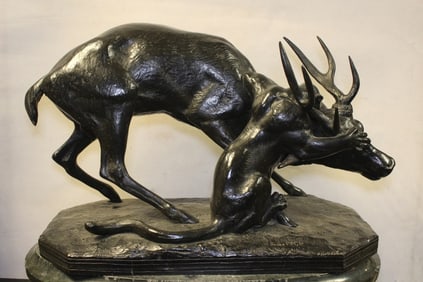 Signed" Barye ", Bronze Deer and Leopard Group