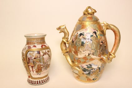 Japanese Satsuma Teapot and Vase, 19th.C