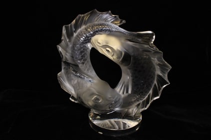 LALIQUE CRYSTAL DEUX DOUBLE FISH SCULPTURE