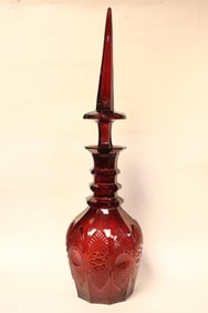 Red Bohemian Cut Glass Decanter w Original Stopper