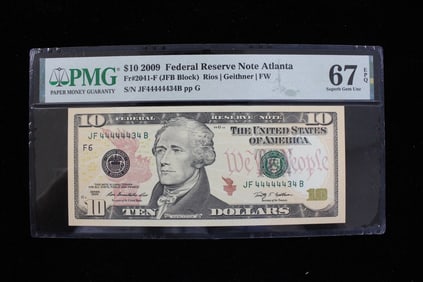 2009 $10 W/Serial Number JF44444434B