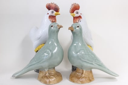 Four Chinese Porcelain Rooster and Pigeon Figurine