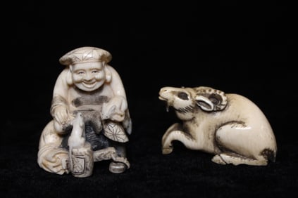Two Japanese Bone Carved Figural and Mouse Netsuke