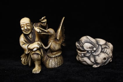 Two Japanese Bone Carved Figural and Beast Netsuke