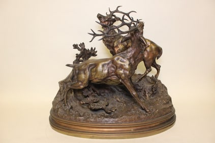 Antique Signed Bronze Reindeer Sculpture