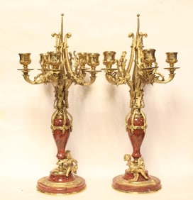 Pair of 19th.C  Bronze Marble Candelabra
