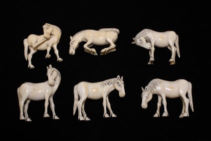 Lot of 6 Vintage Fine Carved Chinese Bone Horse Group
