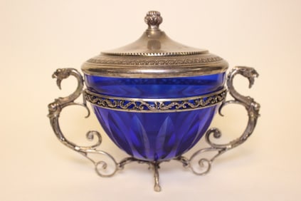 Cobalt Blue Glass Salt Cellar w Metal Mount