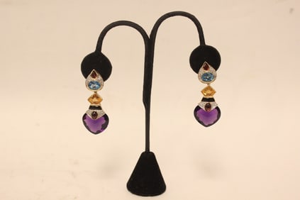 Pair of Amethyst Gold and Diamond Earring Ring