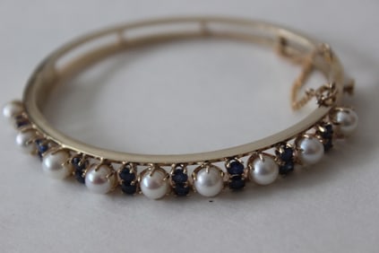 14K Bangle w Japanese AKOYA Pearl and Blue Sapphir