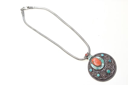 Tibetan Silver Pendant w Coral and Turquoise Inlai