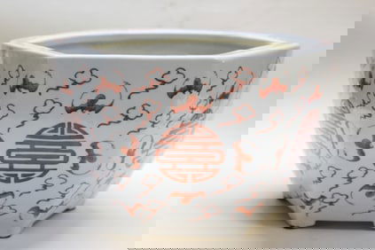 Chinese Copper Red Hexagon Porcelain Planter