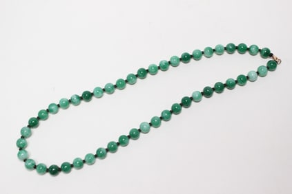 A Green Jadeite Beads Necklace w w 14K Gold Clasp