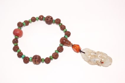 Hand Carved Beads Prayer Bracelet w Agate Pendant