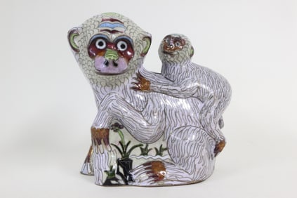 Republican Chinese Cloisonne Monkey w Baby Figurine