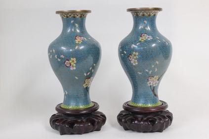 Chinese Republic Era Cloisonn?Vase w Wood Stand