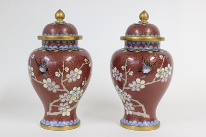 Vintage Chinese Cloisonne Red Lid Ginger Jar