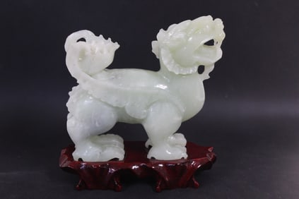Chinese Hand Carved Jade Beast Figurine On Wood St