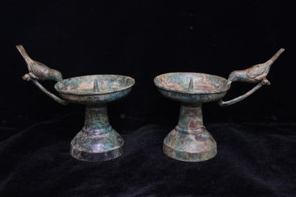 Pair of Chinese Bronze Oil Lamp