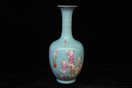 Chinese Turquoise Ground Famille Rose Vase w Boys