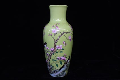 Chinese Glazed Porcelain Vase w Flowers&Bird ,Mark