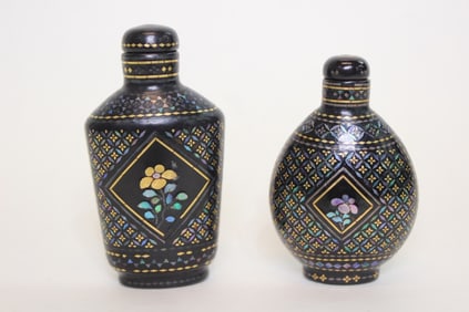 Two Chinese Lacquer Wood Snuff Bottles w Mother Pe