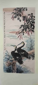 Chinese Ink Color Birds&Tree Scroll Painting,Sign