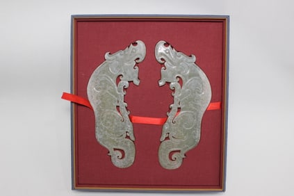 Two Chinese Jade Carved Plaque Bi w Beast Pattern