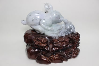 A Jadeite Carved Rabbit Mother and Baby