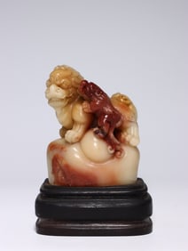 Chinese Furong Soapstone Carved Foo-Dog Lion
