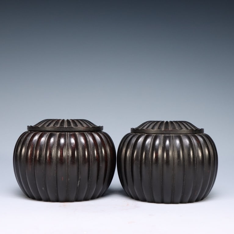 Pair of Zitan Wood Carved Melon Shape Cover Box (1 of 9)