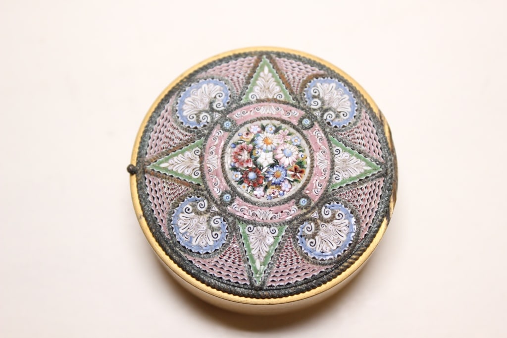 Antique Micro Mosaic Brass Powder Box/Pill Box. (1 of 7)