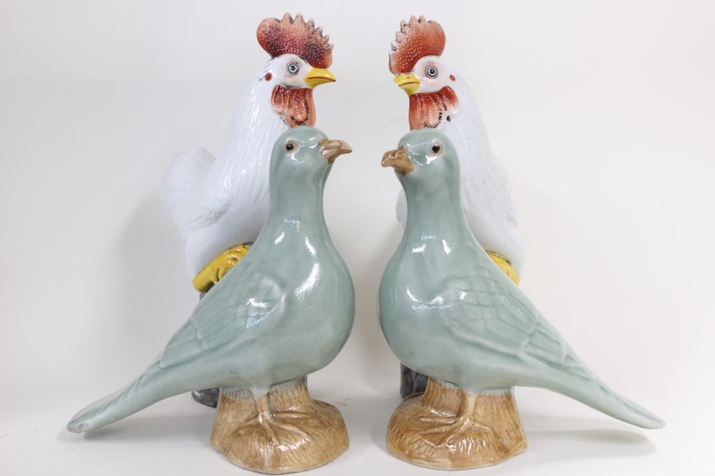 Four Chinese Porcelain Rooster and Pigeon Figurine (1 of 6)